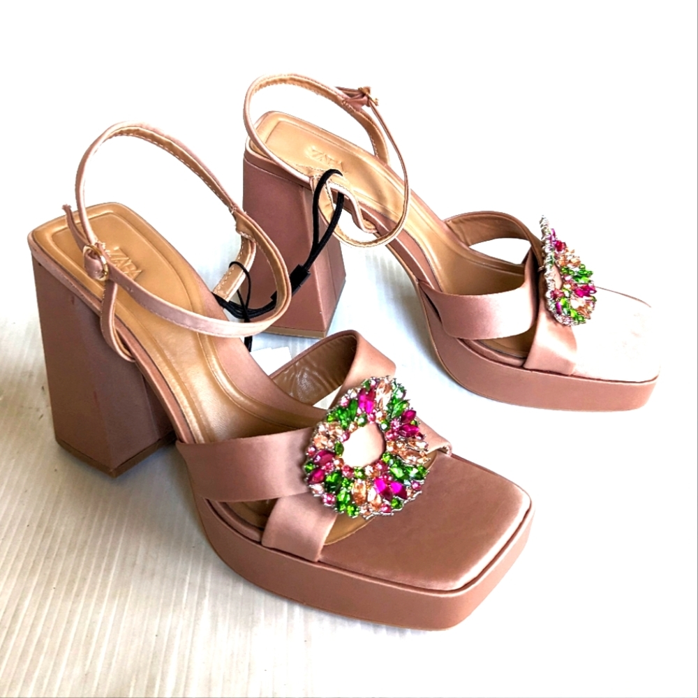 New!! ZARA tan satin luxury rhinestones chunky platform sandals Size 41